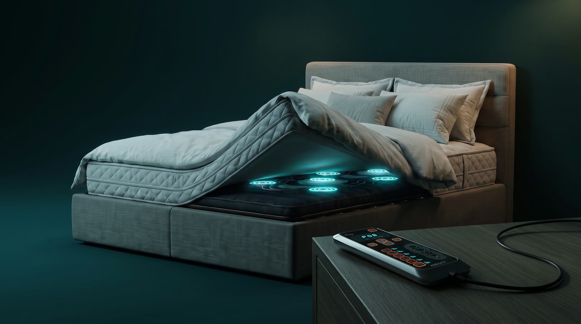 A bed with the mattress lifted, showing the ANDUFIT module with five glowing massage zones on the bed base